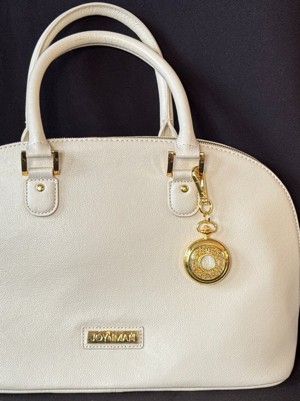 NWT Joy & Iman Ivory Peblled Leather Dome Satchel with Pocket Watch Charm